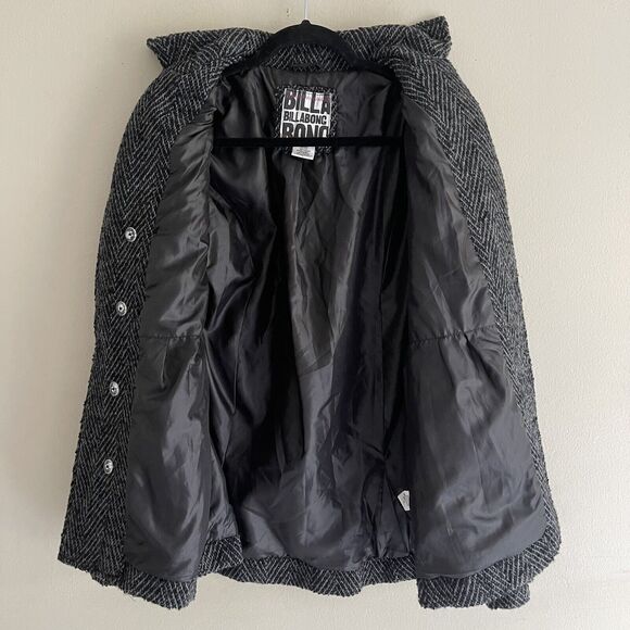 Billabong Tweed Pea Coat Jacket Womens Size XL Wool Blend Collared Black Pocket - Picture 3 of 16